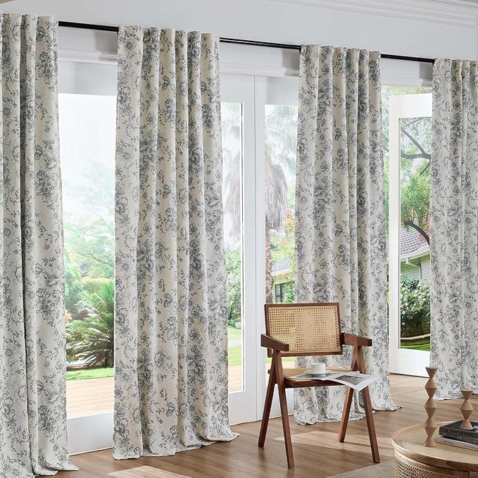 jinchan Blackout Floral Curtains for Living Room Bedroom Linen Blend Curtain Farmhouse Grey Printed with Lined Back Tab Rod Pocket Drapes Window Treatments 2 Panels 84 Inch Gray