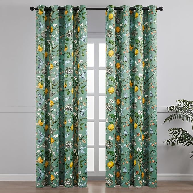 Topfinel 92 Inches Long Custom Sage Green Luxury Curtains for Living Room Bedroom, Blackout Vintage Victorian Curtains Floral Lemon Hummingbird Printed Grommet Drape 92 Inch Length