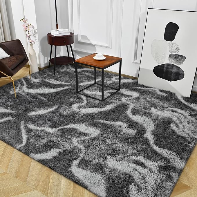 TWINNIS Super Soft Shaggy Rugs Fluffy Carpets, 6x9 Feet, Indoor Modern Plush Area Rugs for Living, Bed Room Kids Room Nursery Home Decor, Upgrade Anti-Skid Rectangular Fuzzy Rug, Black Grey