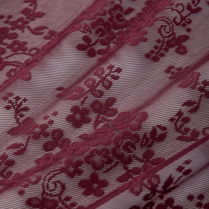 YJ YANJUN Vintage Lace Curtains 45 Inch Length-Victorian Floral Pattern Burgundy Sheer Curtain Panels for Kitchen Bathroom Laundry Room Small Windows Light Filtering 2 Panels 52W x 45L Red Wine