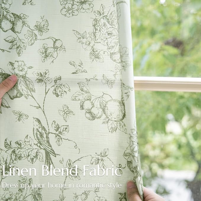 jinchan Linen Floral Curtains for Living Room 63 Inch Long Sage Green Printed Flower French Country Curtain Farmhouse Cottage Core Toile Curtains Back Tab Light Filtering Window Drapes Set 2 Panels