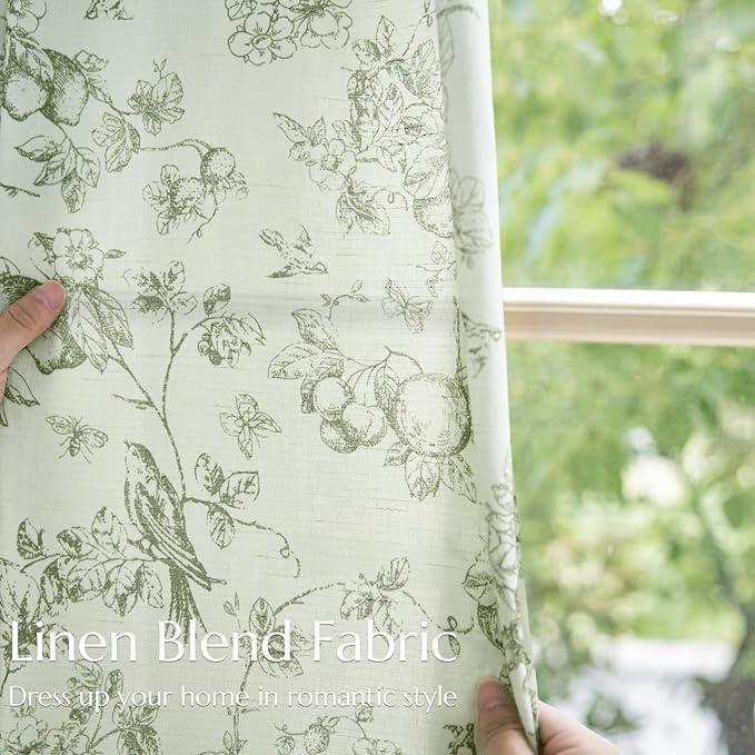 jinchan Linen Floral Curtains for Living Room 96 Inch Long Sage Green Printed Flower French Country Curtain Farmhouse Cottage Core Toile Curtains Back Tab Light Filtering Window Drapes Set 2 Panels