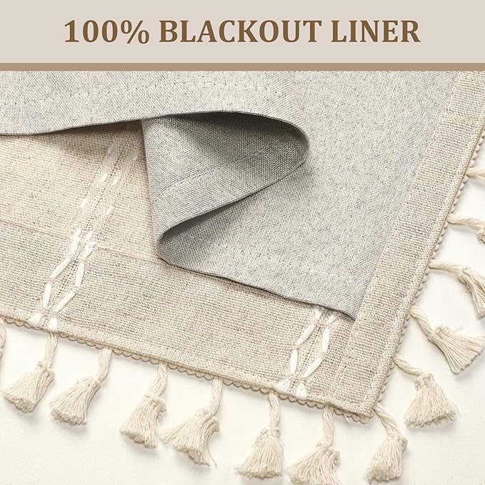 Boho Blackout Curtains 63 Inches Long Beige Linen Blend 2 Panels with Tassels and Cotton Embroidery, Farmhouse Vintage Rustic Rod Pocket Drapes for Living Room or Bedroom