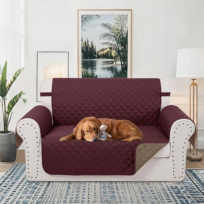 Reversible Loveseat Sofa Covers Couch Cover Furniture Protector(Loveseat,Burgundy/Camel)