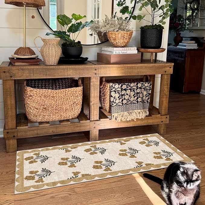 Front Door Mat Indoor Entrance - 2x4.3 Ft Floral Washable Layered Doormat Outdoor Entrance Spring Porch Rug Non-Slip Beige Boho Runner Rug for Kitchen Hallway Bedroom Laundry Room Porch Decor