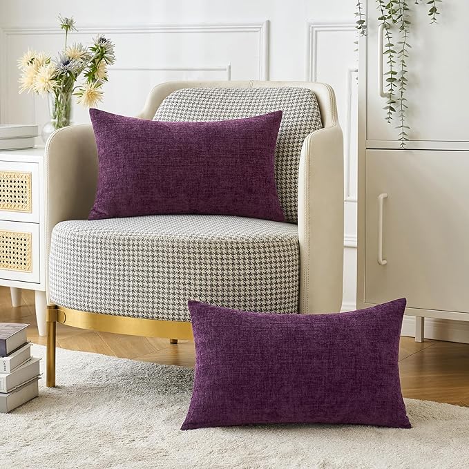 MIULEE Pack of 2 Couch Throw Pillow Covers 12x20 Inch Soft Plum Purple Chenille Lumbar Pillow Covers for Sofa Living Room Solid Dyed Cases