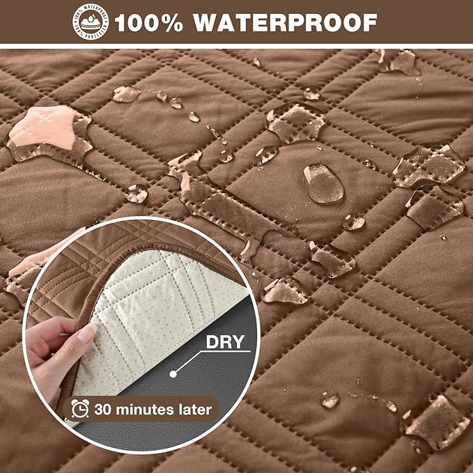 TAOCOCO 100% Waterproof Loveseat Recliner Cover, Non Slip Split Recliner Couch Cover with Elastic Straps, Washable Reclining Sofa Cover Furniture Protector for Kids, Pets(2 Seater, Brown)