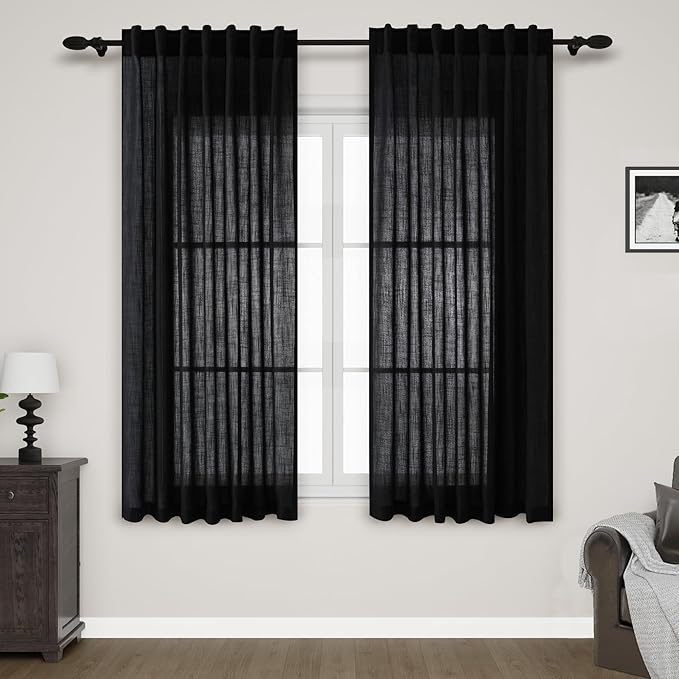Nanspring Black Linen Textured Curtains for Living Room 60 Inches Long 2 Panels Set Back Tab Rod Pocket for Bedroom Kitchen Short Semi Sheer Light Filtering Protect Privacy Window Drapes W52xL60