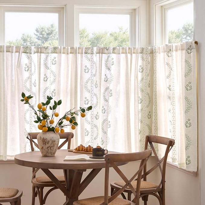 jinchan Belrose Linen Floral Cafe Curtains 45 Inch Length Embroidered Farmhouse Curtains for Kitchen Bedroom Bathroom Small Windows Curtain Set Light Filtering 2 Panels Sage Green