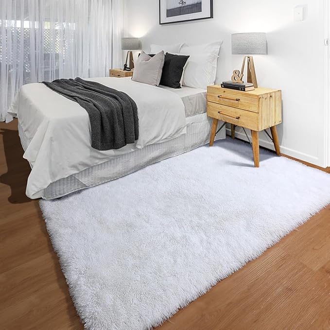 ONASAR White Rugs for Bedroom, 3x5 Fluffy Shaggy Bedside Area Rug, Soft Plush Shag Small Floor Carpet for Preppy Dorm Nursery Living Room Teen Kids Girls Boys Baby Toddler Indoor Home Decor
