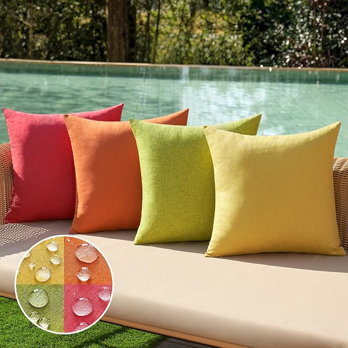 MIULEE Pack of 4 Decorative Outdoor Throw Pillow Covers Linen Waterproof Pillow Covers Farmhouse Cushion Cases for Patio Garden Tent Balcony Couch Sofa 16x16 inch Red/Green