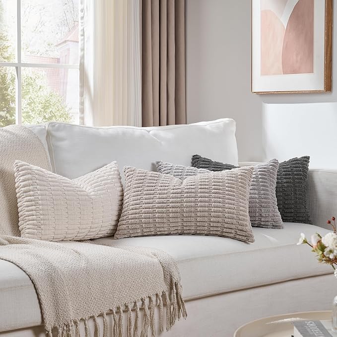 Fancy Homi Set of 4 Grey and White Long Lumbar Rectangle Decorative Throw Pillow Covers 12x24 Inch for Couch Bed Chair, Farmhouse Boho Room Decor, Soft Fuzzy Corduroy Textured Cushion Case 30x60cm