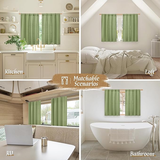 LAMIT Sage Green Linen Curtains for Small Windows, 45 Inches Long Light Filtering Panels Rod Pocket Neutral Privacy Drapes for Kitchen/Window/Bedroom, 2 Panels, 42 x 45 Inch
