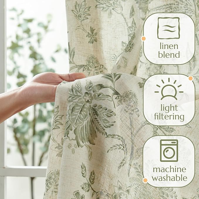 jinchan Linen Floral Curtains for Living Room with Printed Flower 108 Inches Long Light Filtering Extra Long Back Tab Rod Pocket Sage Green Window Curtain Set Farmhouse Drapes, 2 Panels