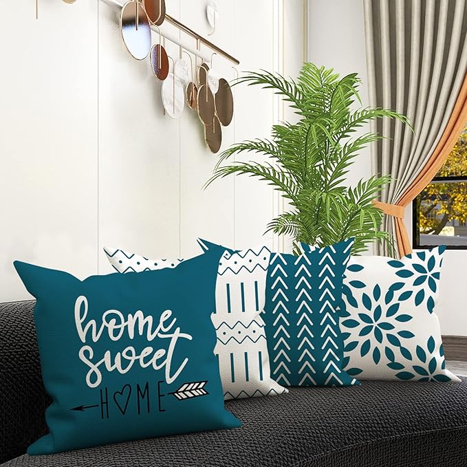 YCOLL Pillow Covers 18x18 Set of 4, Modern Sofa Throw Pillow Cover, Decorative Outdoor Linen Fabric Pillow Case for Couch Bed Car,Teal
