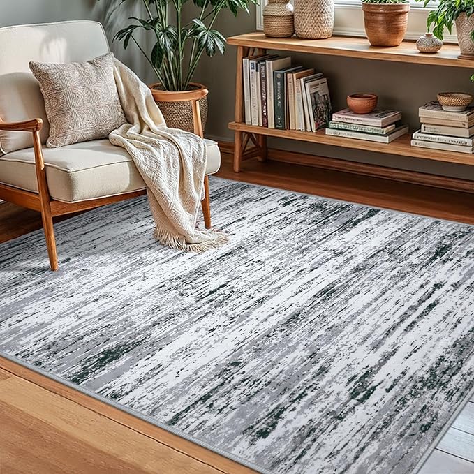 Lansny Modern Abstract Small Area Rug Indoor 3x5 Washable Rug Non-Slip Soft Entryway Rug Black Gray White Kitchen Mats Thin Print Faux Wool Floor Carpet Throw Rugs for Entrance Bedroom Home Decor