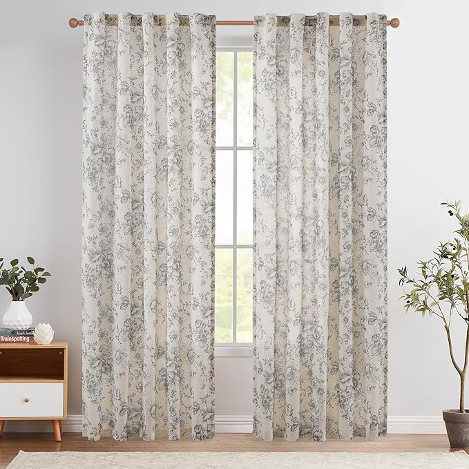jinchan Linen Blend Curtain Floral Curtains for Living Room 90 Inch Length Grey Printed Curtain Rod Pocket Back Tab Farmhouse Peony Flower Patterned Drapes Bedroom Window Curtains Set 2 Panels