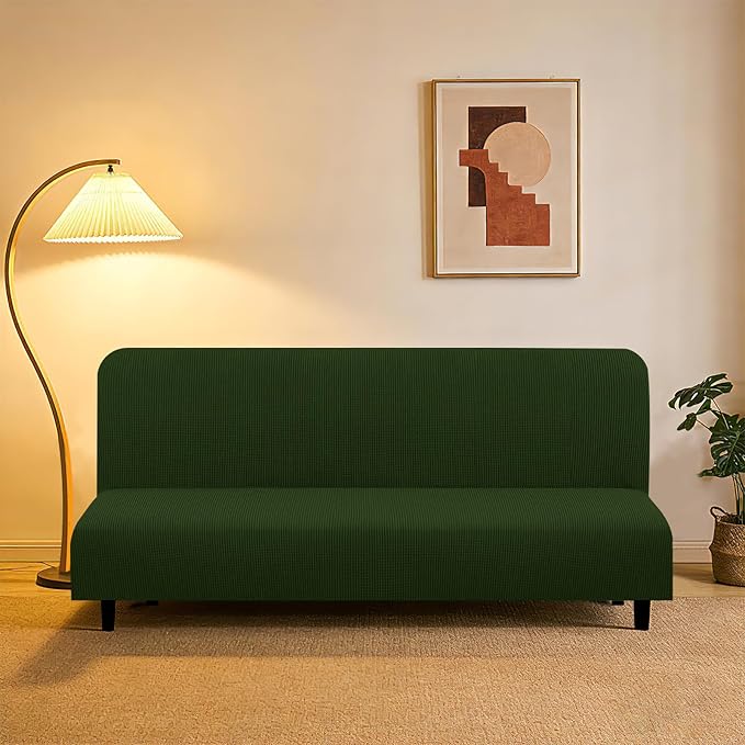 U-NICE HOME Stretch Futon Cover Armless Bed Slipcover - Soft Jacquard Fabric Washable for Pet Friendly, Bronze Green