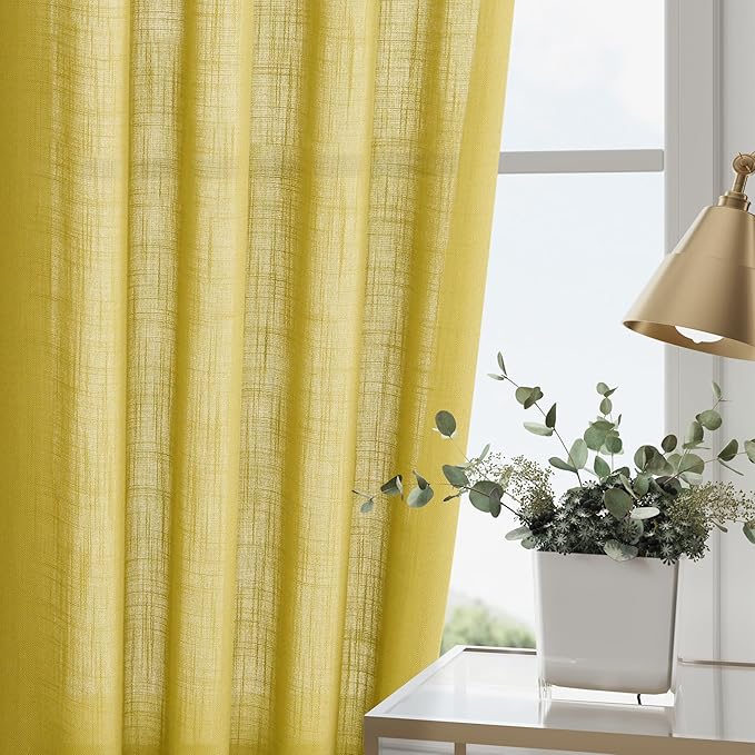 Celery Yellow Linen Curtains 102 Inches Long 2 Panel Set Back Tab Rod Pocket Semi Sheer High Window Drapes Light Filtering Burlap Look for Neutral Farmhouse Decor Curtain in Living Room 52x102