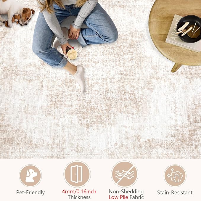 Area Rug 5x7 Vintage Rugs: Washable Living Room Rug Retro Medallion Distressed Large Rug Soft Low Pile Non-Slip Rugs Indoor Floor Carpet for Bedroom Kitchen Nursery Dining Table Office (Beige/Brown)