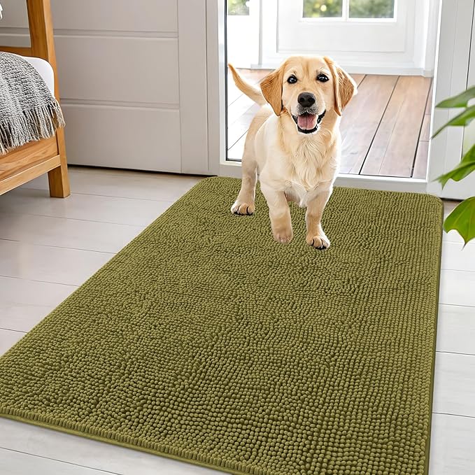 OLANLY Dog Door Mat for Muddy Paws 44x32, Absorbs Moisture and Dirt, Absorbent Non-Slip Washable Doormat, Quick Dry Chenille Mud Mat, Entry Indoor Entryway Carpet for Inside Floor, Willow Green