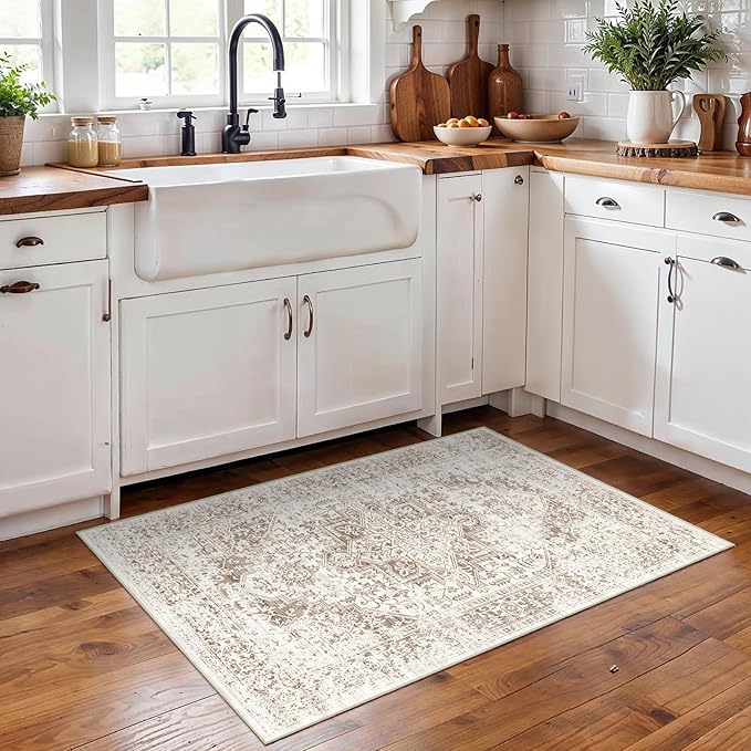 2x3 Entryway Area Rug Washable - Neutral Small Entry Rug Kitchen Rug Runner Vintage Soft Floor Mat Non Slip Indoor Farmhouse Carpet for Bedroom Bathroom Living Room (Cream/Camel)