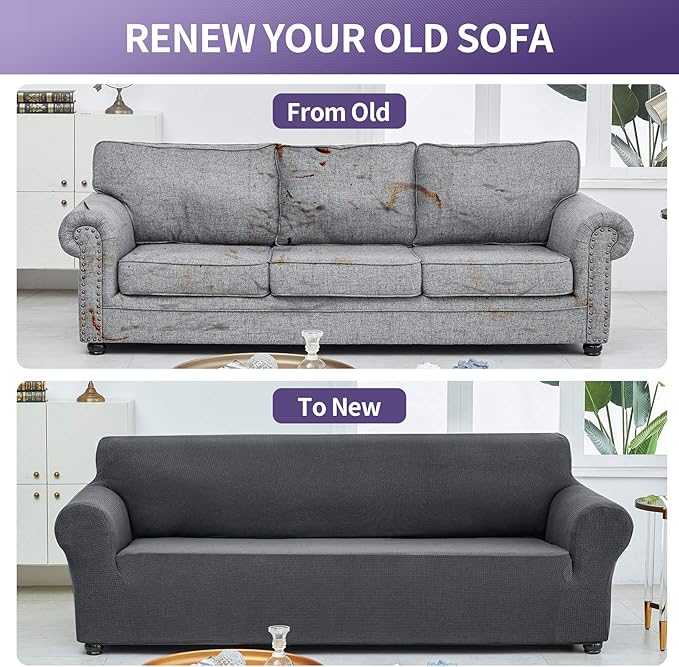 Joccun Stretch Couch Cover Slipcovers, 1-Piece Sofa Covers for 3 Cushion Couch Spandex Jacquard Washable Furniture Protector Cover for Living Room,Kids,Pets(Large 78''-94'',Charcoal)