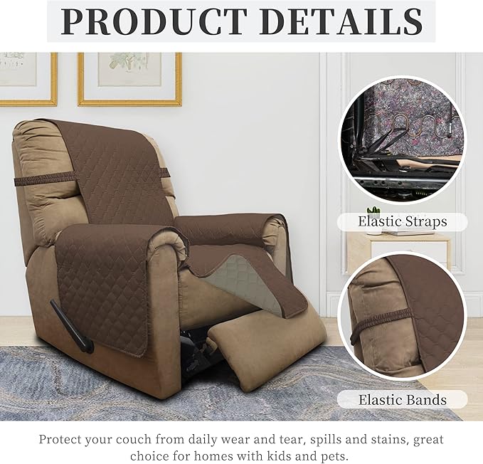 ISSUNTEX Double Protection 100% Waterproof Recliner Covers for Living Room, Reversible Furniture Protector Recliner Couch Sofa Slipcover for Dogs, Pets, Kids (Recliner, Brown/Beige)