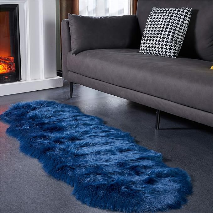 EasyJoy Ultra Soft Fluffy Shaggy Area Rug Faux Fur Rug Chair Cover Seat Pad Fuzzy Area Rug for Bedroom Floor Sofa Living Room (2 x 6 ft Sheepskin, Dark Blue)