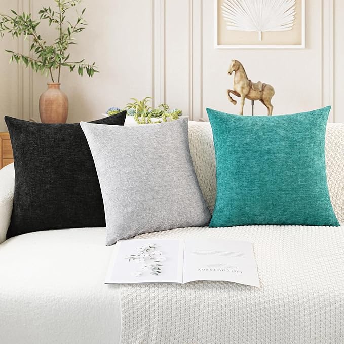 CaliTime Throw Pillow Covers Decorative 18 X 18 Inches Pack of 4 Cozy Chenille Cushion Cases for Couch Sofa Bed Living Room Home Black