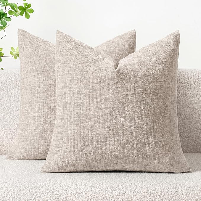 MIULEE Pack of 2 Couch Throw Pillow Covers 16x16 Inch Soft Light Brown Chenille Pillow Covers for Sofa Living Room Solid Dyed Pillow Cases