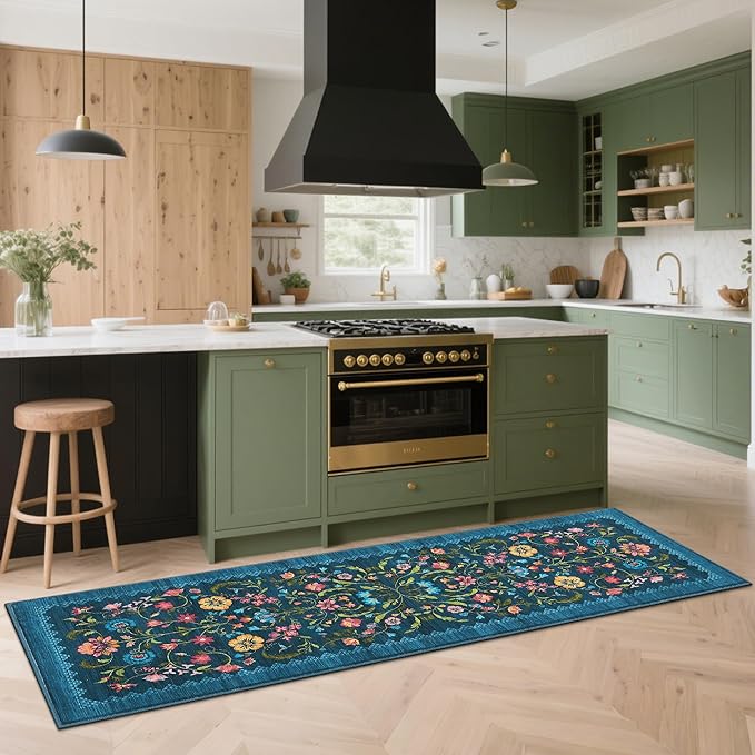 GarveeHome Floral Rug 2x6 Runners for Hallways, Boho Kitchen Runner Rugs Non Slip Bath Runners, Vintage Washable Runner Rug for Bedroom, Soft Long Rugs for Entryway Bathroom Laundry Dorm, Blue