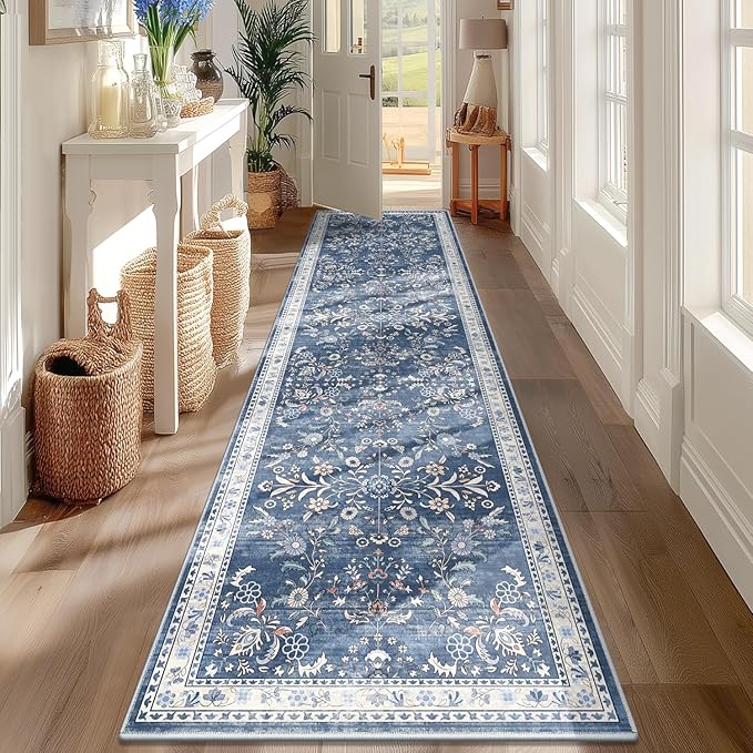 Yamaziot Washable Runner Rug 2x8 – Non Slip Boho Floral Hallway Runner Rug with Rubber Backing, Low Pile Wool Distressed Carpet for Kitchen, Laundry, Bedroom, Entrance, Blue