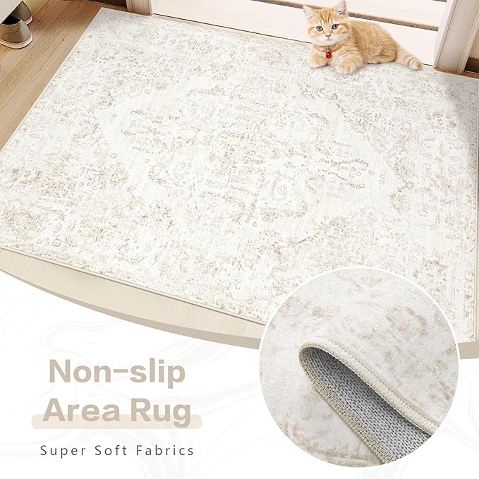 9x12 Area Rugs for Living Room:Washable Rug Vintage Large Rugs Soft Non Slip Low Pile Rug Floral Distressed Floor Carpet for Bedroom Dining Room Home Office (Beige,9'x12')