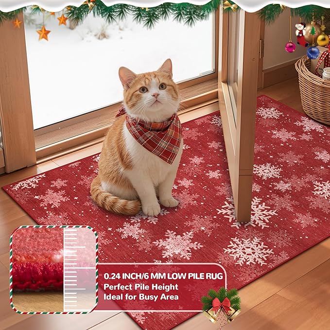 2x3 Christmas Doormat for Entryway, Washable Christmas Rugs Bathroom，Snowflake Front Porch Runner Rug，Non-Slip Red and White Christmas Decor Indoor(2'x3', Red/White)