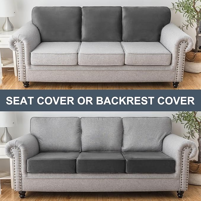Couch Cover Stretch Velvet Sofa Cushion Cover 2-Piece - Elastic Washable Slipcover for Seat or Backrest, Couch Seat Covers for Sofas (Grey)