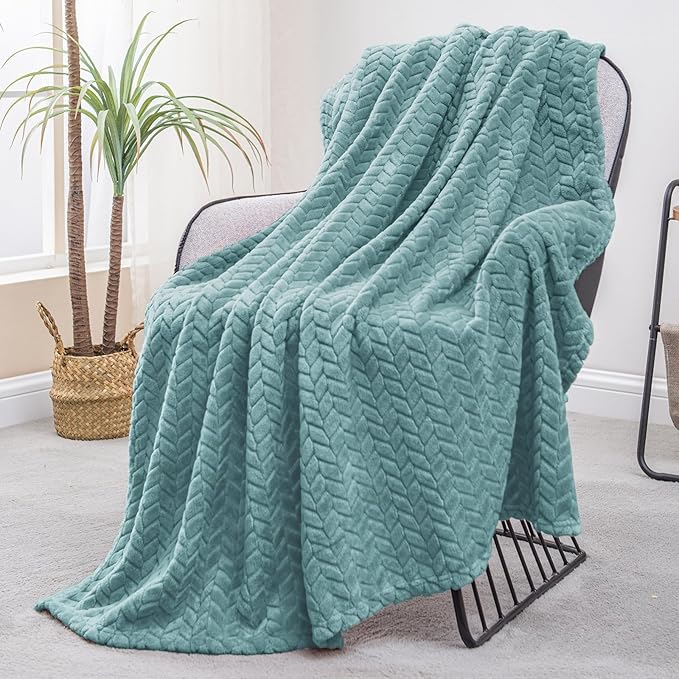 Exclusivo Mezcla Fleece Throw Blanket for Couch and Bed, 50x70 Inches Soft Cozy Jacquard Flannel Blankets, Lightweight Fuzzy Plush Warm Throws for Women, Celadon