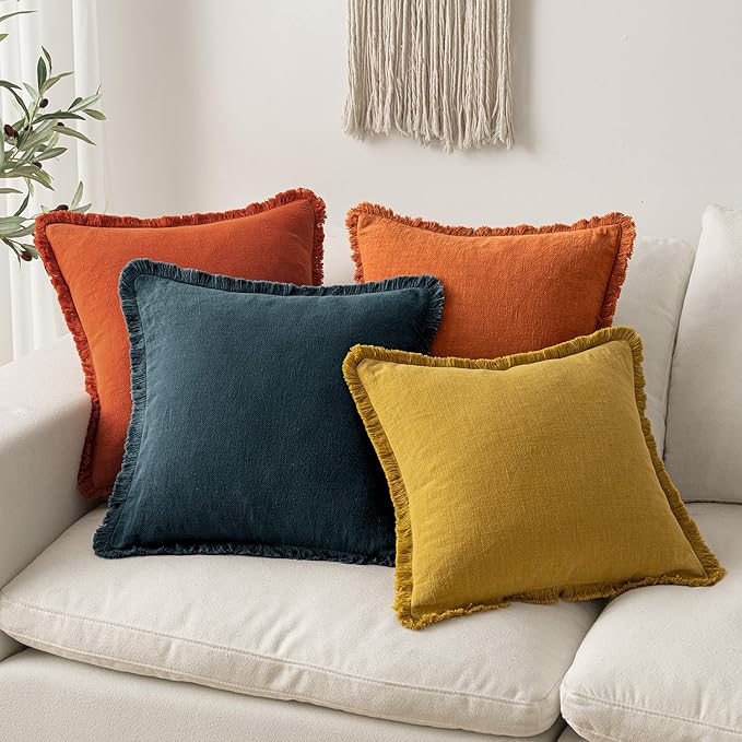 MIULEE Decorative Throw Pillow Covers Neutral Linen Fringe Throw Pillows Euro Shams Set of 2 Orange Boho Farmhouse Cushion Covers for Couch Sofa Bed Living Room Spring Home Decor 22x22 Inch