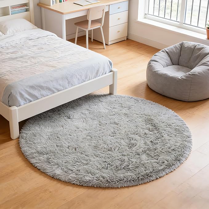 yulidayang Soft Round Area Rug for Kids Bedroom, Fluffy Fuzzy Shaggy Rug 5'X5'for Living Room, Non Slip Circle Plush Rug for Girls Room Nursery Dorm Decor,Light Grey