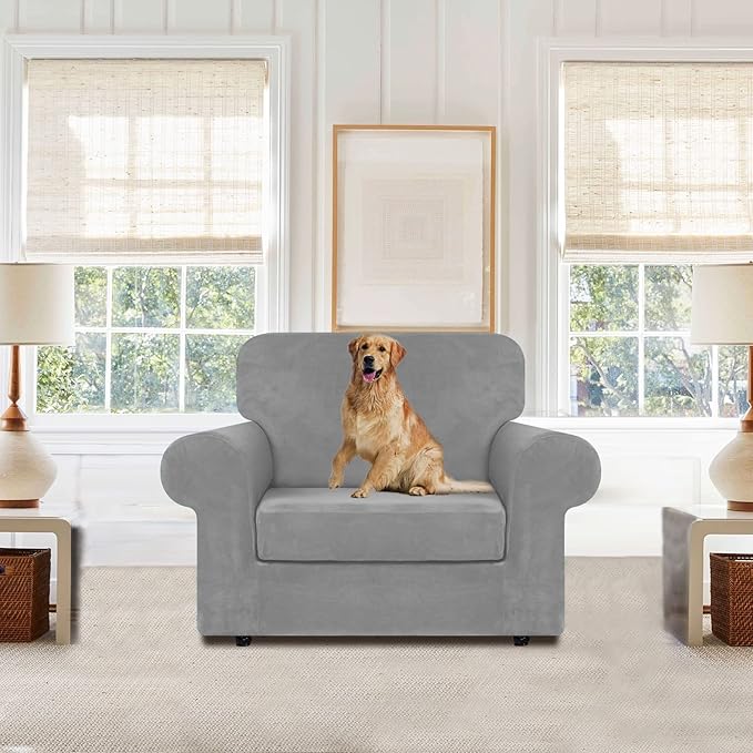 WEERRW Velvet Stretch Chair Sofa Slipcover - 2 Pieces Luxury Soft Velvet Plush Couch Cover Furniture Protector with Elastic Bottom for Pets, Machine Washable, Silver, Small
