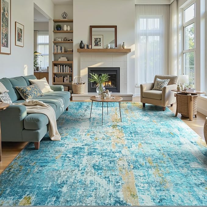 Ompaa Living Room Rug 6x9 Teal Blue Area Rug Machine Washable Boho Rug Non Slip Abstract Vintage Indoor Large Rugs for Bedroom, Classroom, College Dorm, Farmhouse, Dining Room, Kids Playroom
