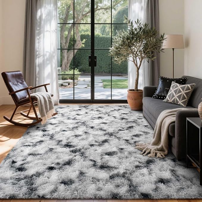 6x9 Ft Large Shag Rugs for Living Room Decor, Tie-Dyed Ultra Soft Fluffy Furry Area Rugs for Bedroom Indoor Floor, Aesthetic Carpet for Kids Home (Black White)