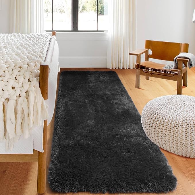 ONASAR Black Runner Rugs for Bedroom Living Room, 2x6 Bedside Fluffy Area Rug, Indoor Ultra Soft Plush Shaggy Furry Floor Throw Carpet for Hallway Nursery Kids Boys Girls Dorm Closet Home Decor