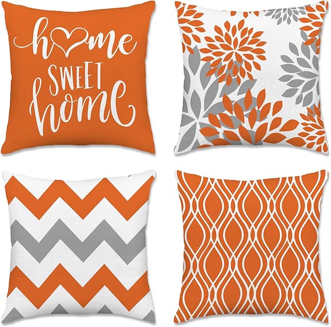 Hexagram Geometric Orange Pillow Covers 18x18 Set of 4, Decorative Outdoor Boho Modern Throw Pillow Covers, Home Sweet Home Farmhouse Cushion Case for Couch Sofa Bedroom Indoor Decor(No Insert)