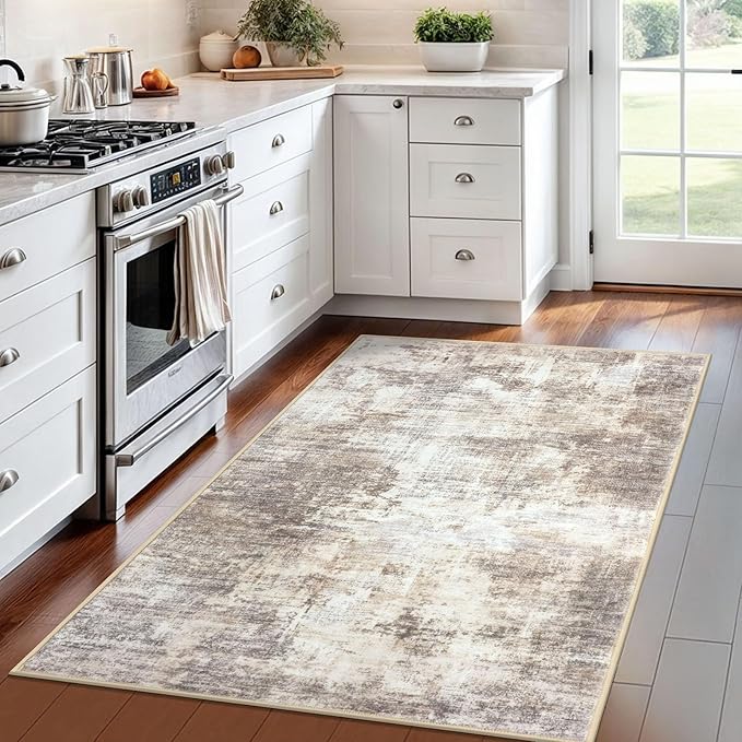 IOHOUZE Abstract Area Rug 4x6 Ft Washable Rugs for Entryway Indoor, Non Slip Small Living Room Rugs Printed Faux Wool Throw Rug, Floor Carpet for Kitchen Nursery Playroom, Beige Brown