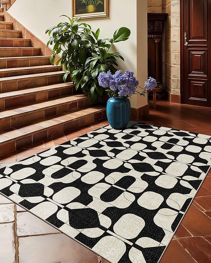 Latte&Fog 3x5 Entryway Rug, Vintage Washable Area Rug, Boho Non Slip Low Pile Throw Carpet for Indoor Bedroom Bedside, Kitchen, Entry and Living Room - Black Beige