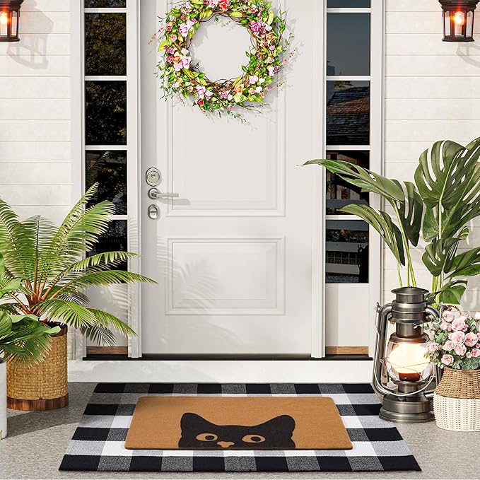 UINI Welcome Door Mat Combo Set, 28" x 43" Black and White Plaid Mat +17" x 30" Cat Welcome Mat, 2 PCS Doormat Set for Front Door, Entrance, Porch Decor, Non-Slip