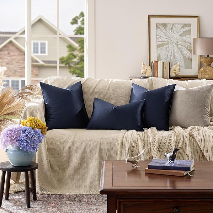 GIGIZAZA Navy Blue Velvet Pillow Covers 24x24,Square Solid Throw Pillow Covers Decorative Modern Pillows Big Vintage Cases for Couch Pack of 2