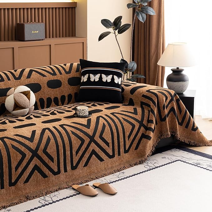 HANDONTIME Boho Couch Cover Geometric Striped Pet Covers for Couches and Sofas Copper Brown and Black Dog Cover for Couch Pet Friendly Chenille Sectional Sofa Covers for Pets Washable, 71" X 134"