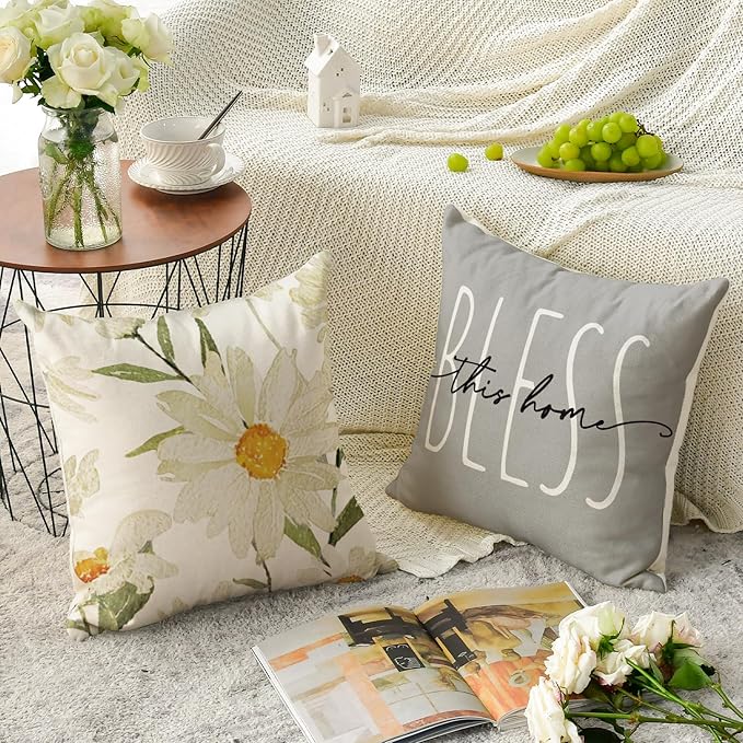 AVOIN colorlife Home Sweet Home Spring Summer Flowers Throw Pillow Covers, 18 x 18 Inch Grey Cushion Case for Sofa Couch Set of 4
